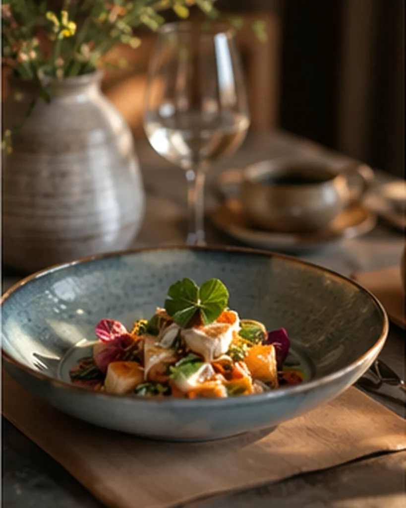 Restaurant dish served in handmade ceramics