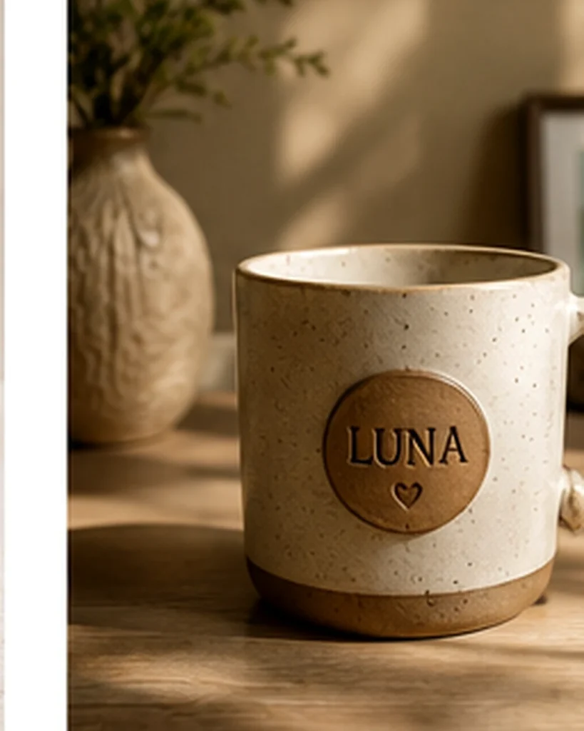 Personalized ceramic mug in an interior