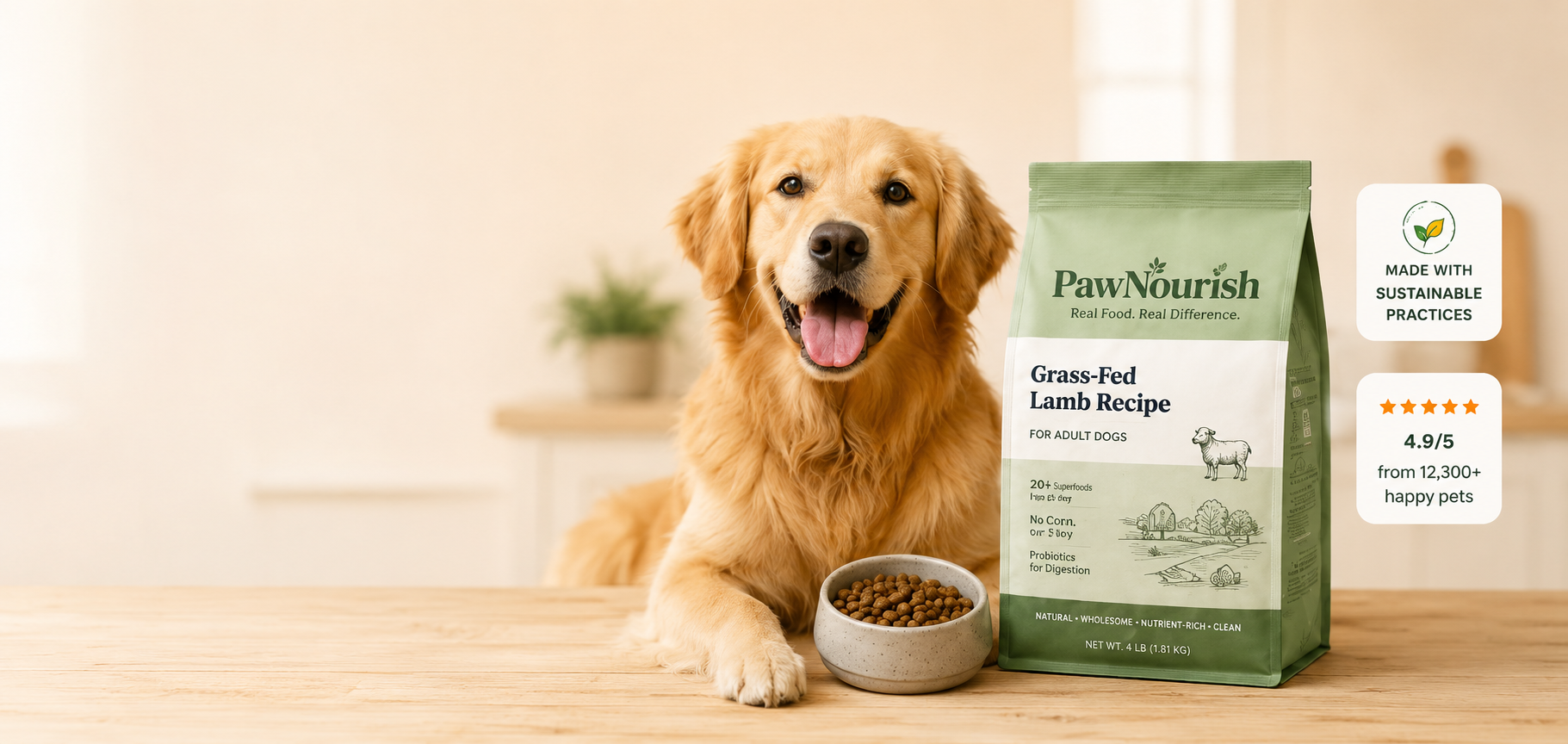 Dog beside PawNourish food and fresh ingredients