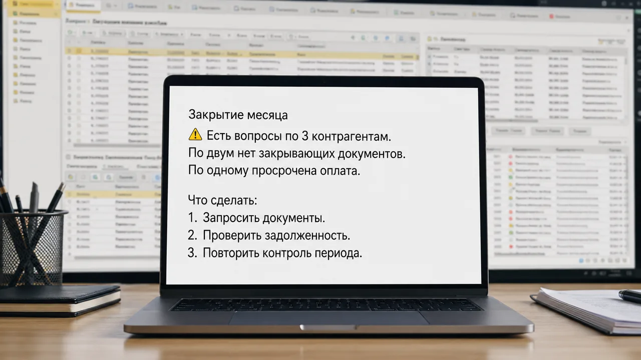 Закрытие месяца и контроль задолженности в 1С: пример отчёта AI-ассистента